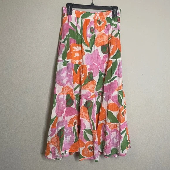 Banjanan Size Medium Agatha Midi A Line Skirt Pastel Orange Pink Cotton Floral - Picture 3 of 10